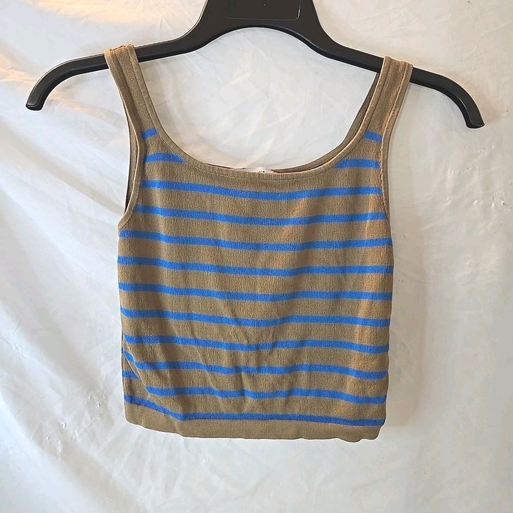 Zara Scopped Neck‎ Brown/blue Striped Crop Tank Top Viscose Blend Sz M